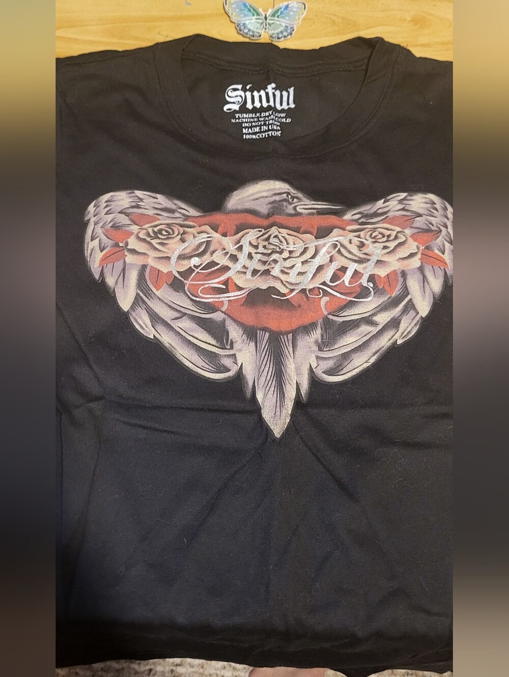 Sinful Black Tee with Red Heart, White Wings & Pink Roses